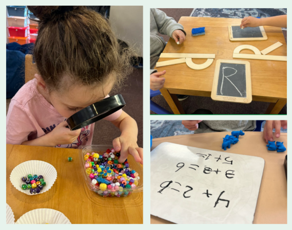 kindergarten girl examines items with magnifying glass